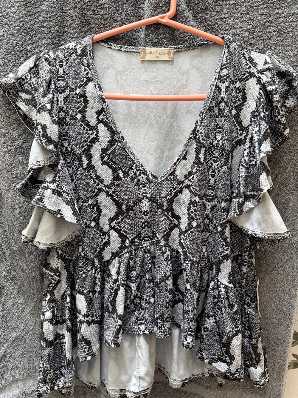 Altar'd State Black & White Snake Print V-Neck Flutter Sleeve Top